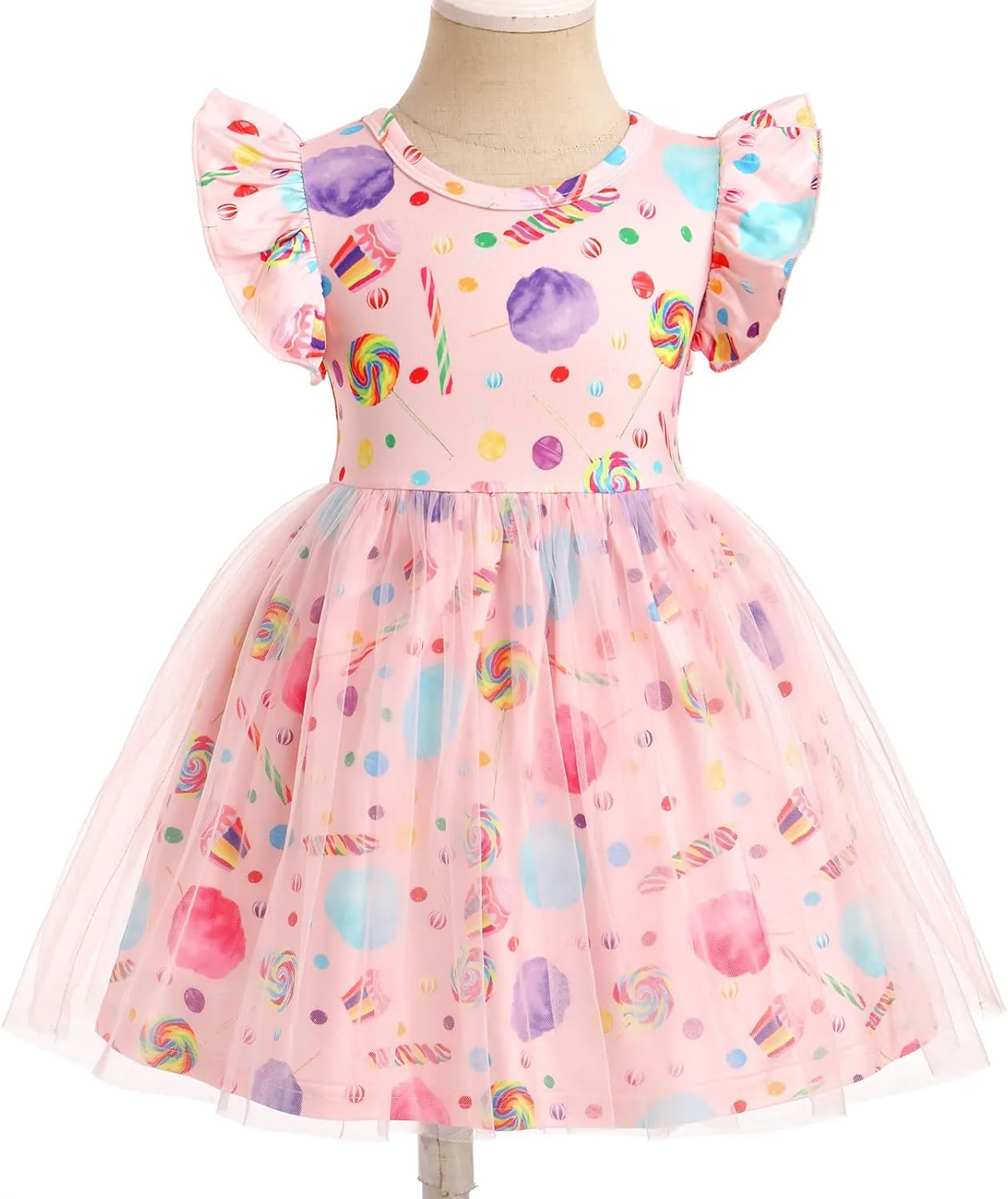 ODASDO Birthday Dress for Baby Girls Toddlers Kids Cartoon Printed Fly Sleeve A-line Tulle Tutu Princess Summer Holiday Dress