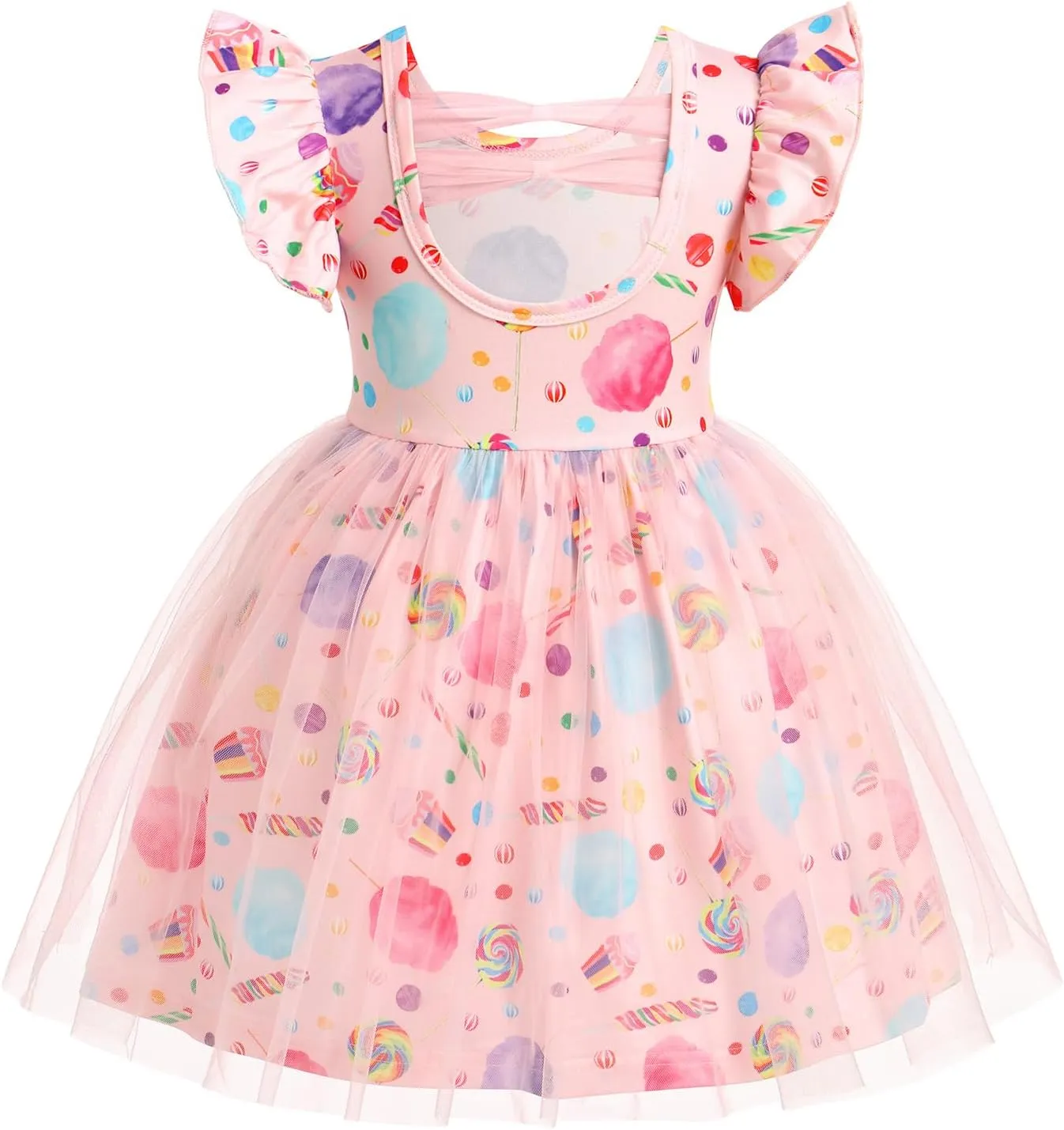 ODASDO Birthday Dress for Baby Girls Toddlers Kids Cartoon Printed Fly Sleeve A-line Tulle Tutu Princess Summer Holiday Dress