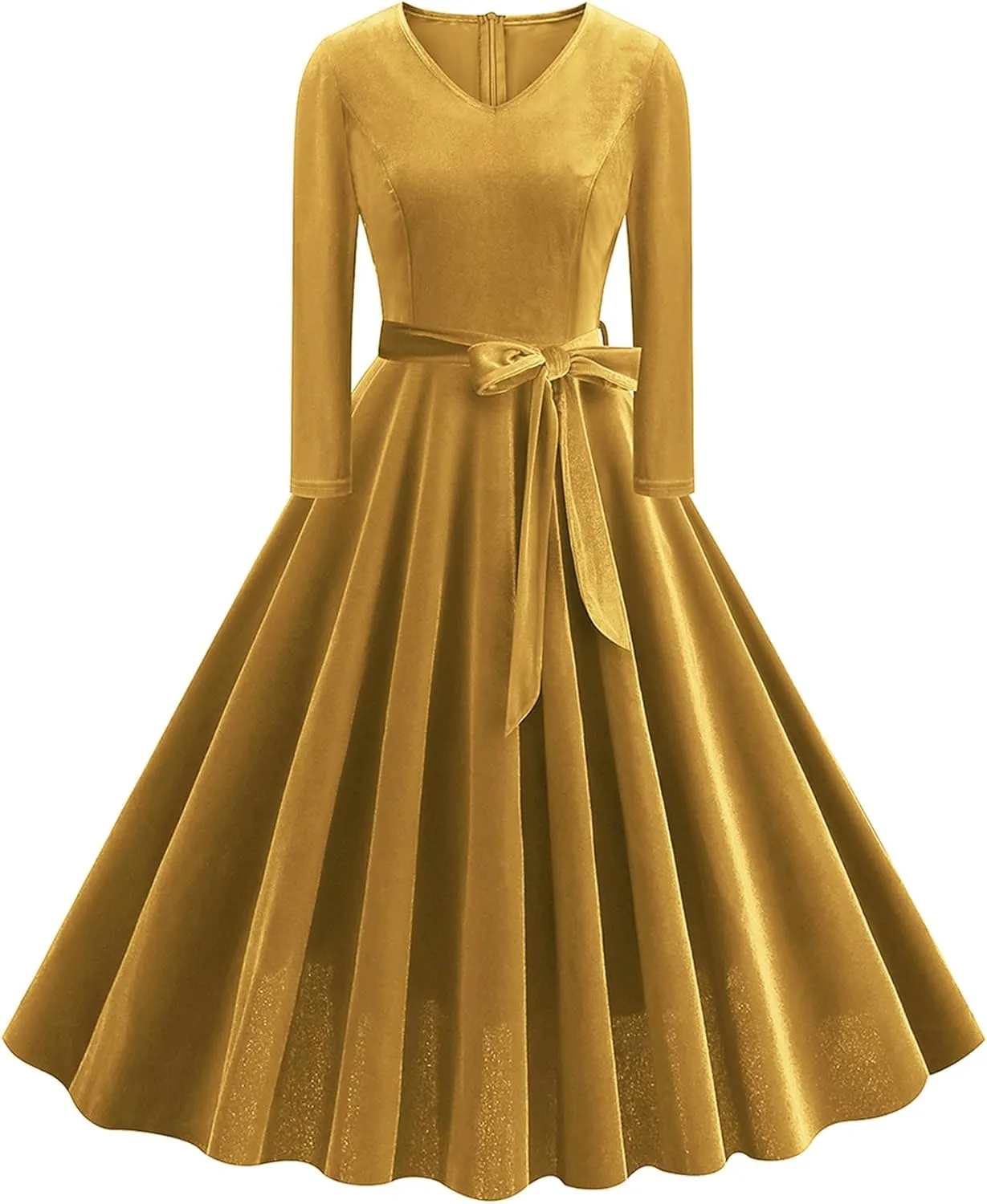 ODIZLI Women's 1950s Retro Vintage Dress Velvet Long Sleeve V Neck Belted Swing Dress Cocktail Dress