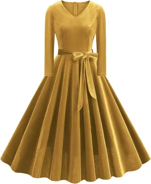 ODIZLI Women's 1950s Retro Vintage Dress Velvet Long Sleeve V Neck Belted Swing Dress Cocktail Dress