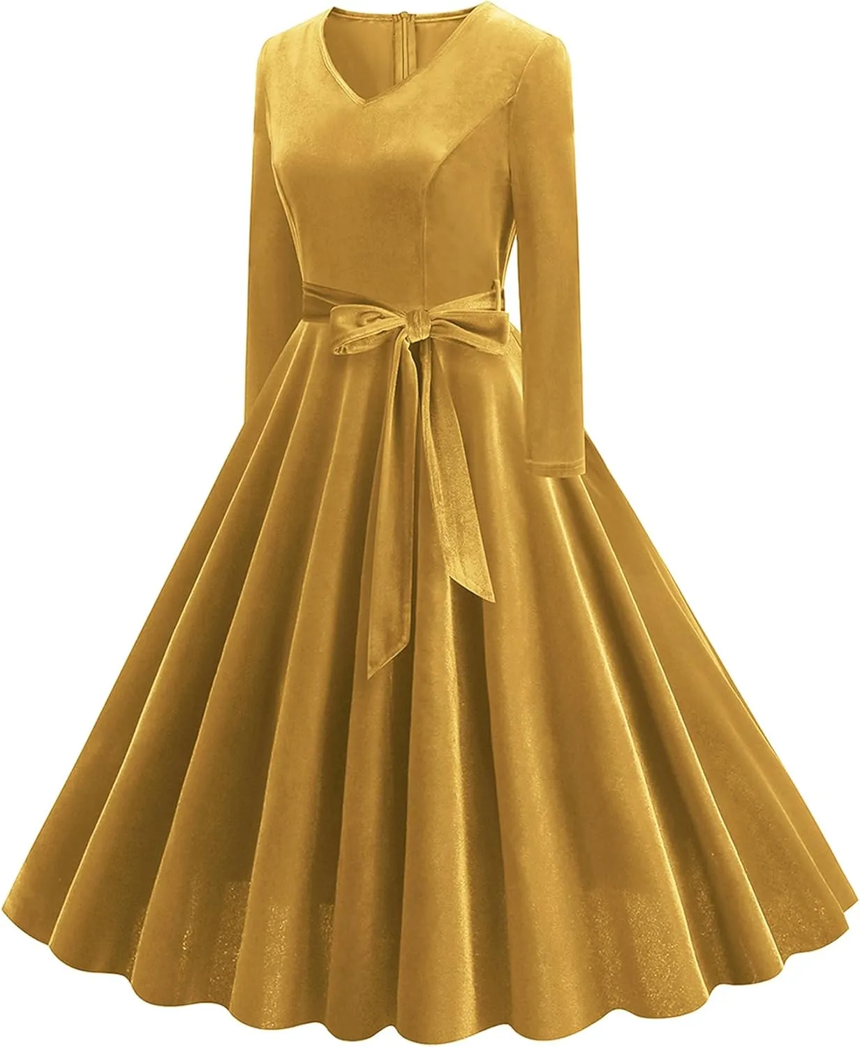 ODIZLI Women's 1950s Retro Vintage Dress Velvet Long Sleeve V Neck Belted Swing Dress Cocktail Dress