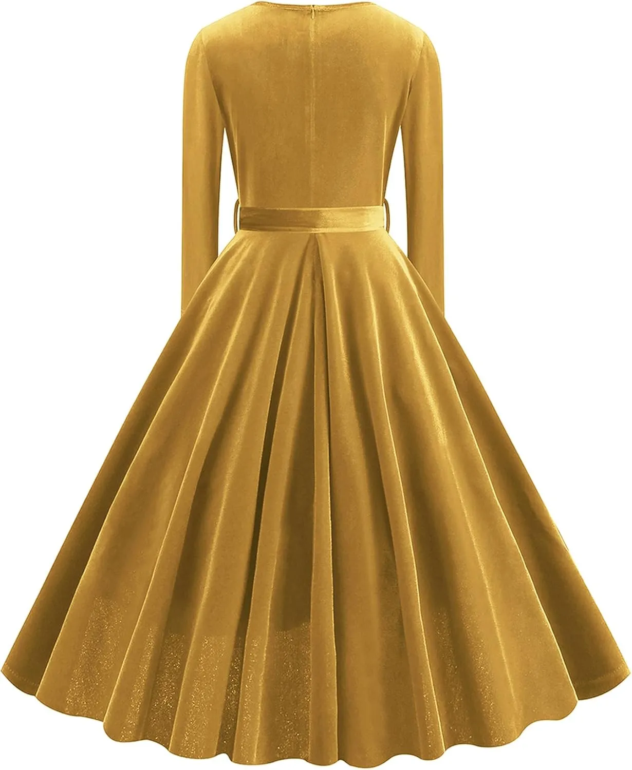 ODIZLI Women's 1950s Retro Vintage Dress Velvet Long Sleeve V Neck Belted Swing Dress Cocktail Dress