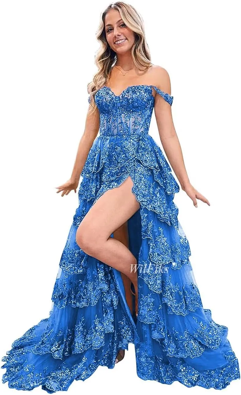 Off Shoulder Tiered Lace Prom Dresses 2025 Long Ball Gowns for Women Formal Sparkly Sequin Corset Evening Gown with Slit