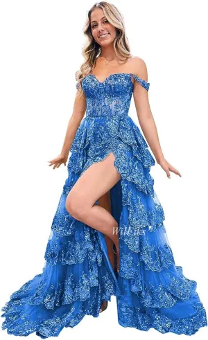 Off Shoulder Tiered Lace Prom Dresses 2025 Long Ball Gowns for Women Formal Sparkly Sequin Corset Evening Gown with Slit