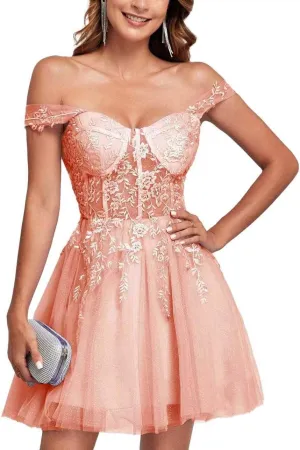 Off The Shoulder Tulle Homecoming Dresses for Teens Laces Applique Prom Dress Short Sparkly Cocktail Gowns