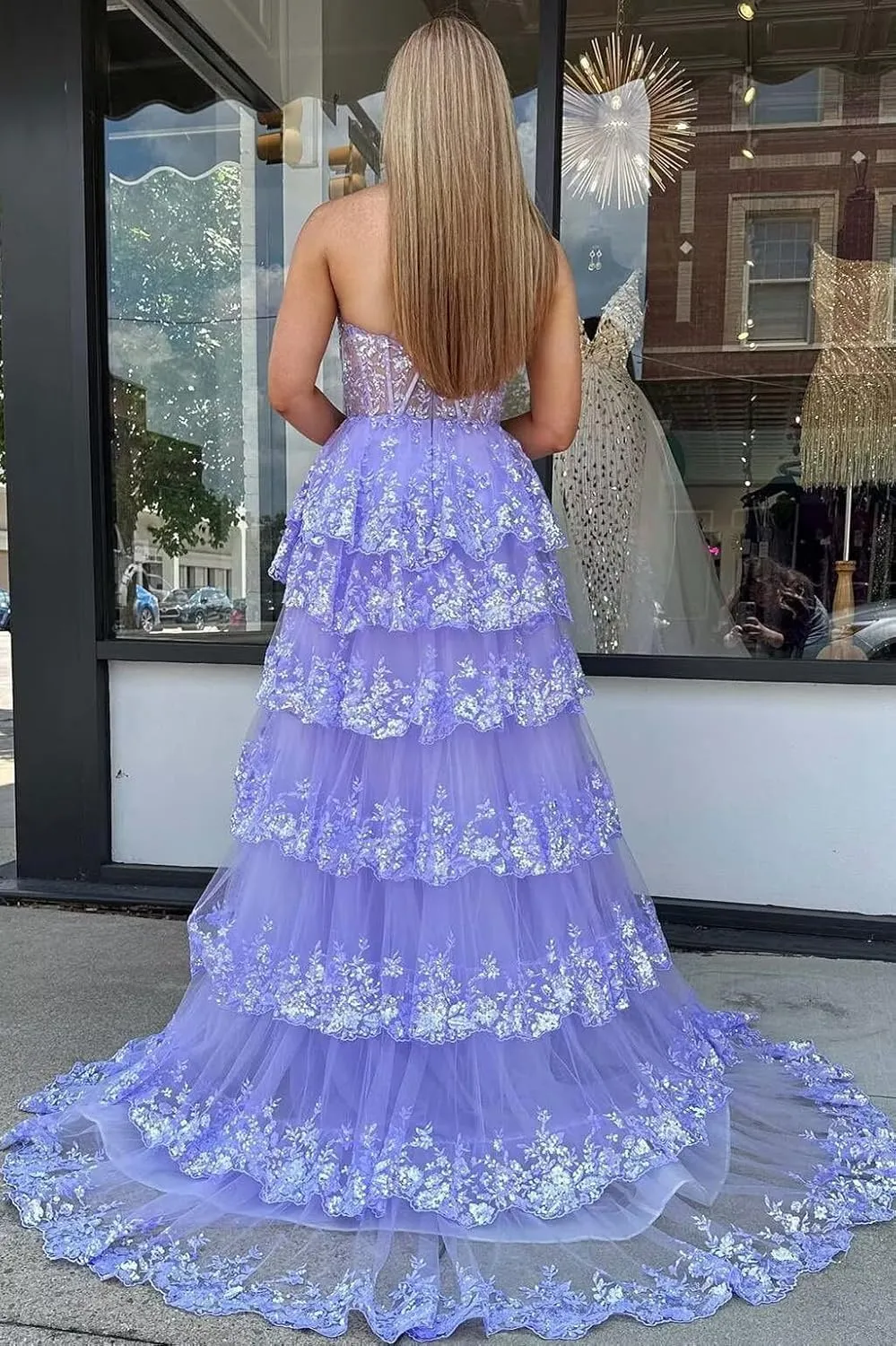 One Shoulder Sparkly Lace Tiered Tulle Prom Dresses Corset Long A Line Formal Evening Gown with Slit QA120