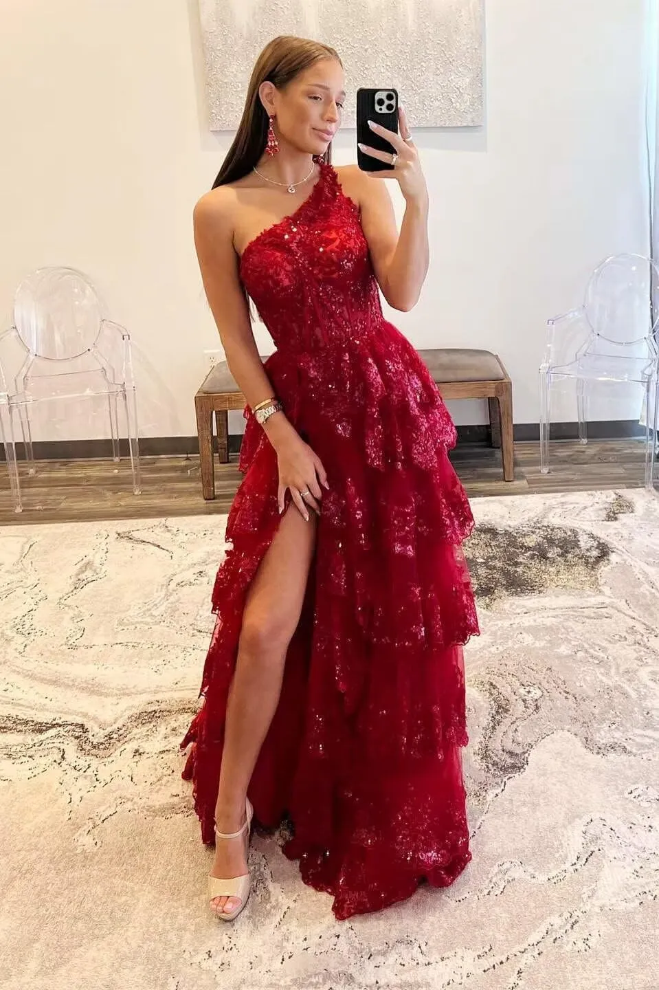 One Shoulder Sparkly Lace Tiered Tulle Prom Dresses Corset Long A Line Formal Evening Gown with Slit QA120