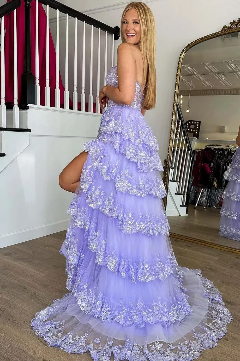 One Shoulder Sparkly Lace Tiered Tulle Prom Dresses Corset Long A Line Formal Evening Gown with Slit QA120