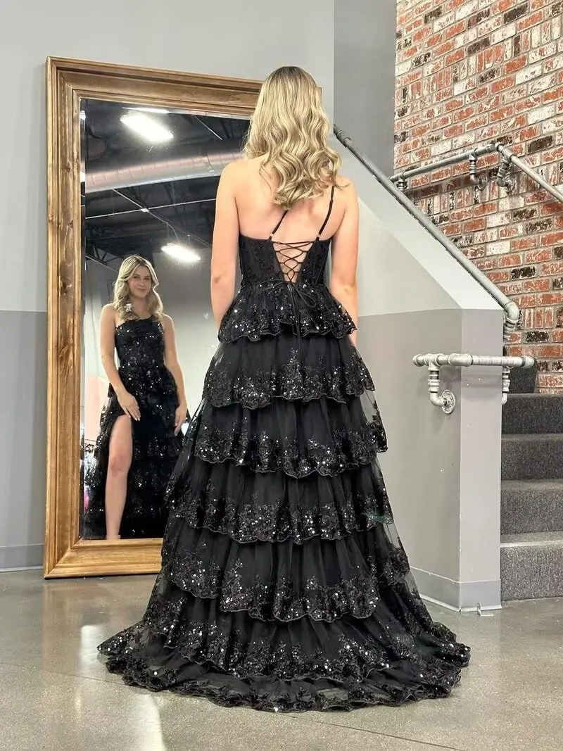 One Shoulder Sparkly Lace Tiered Tulle Prom Dresses Corset Long A Line Formal Evening Gown with Slit QA120