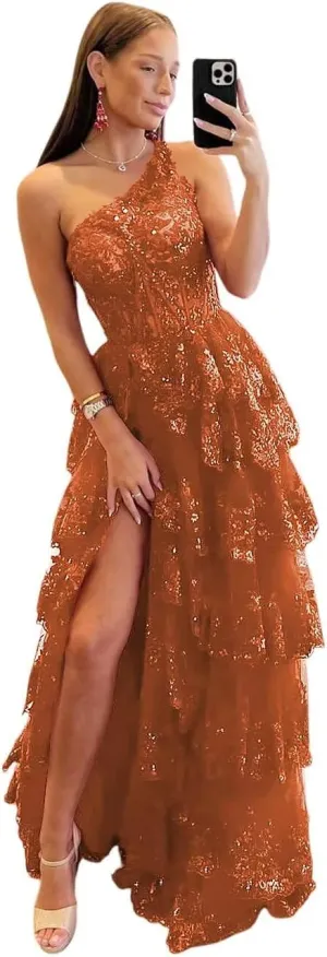 One Shoulder Sparkly Lace Tiered Tulle Prom Dresses Corset Long A Line Formal Evening Gown with Slit QA120