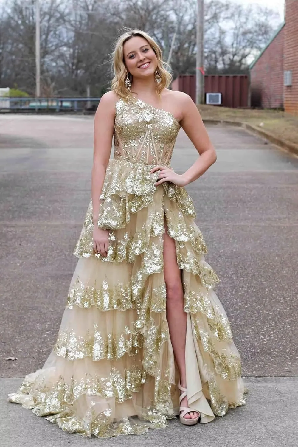 One Shoulder Sparkly Lace Tiered Tulle Prom Dresses Corset Long A Line Formal Evening Gown with Slit QA120