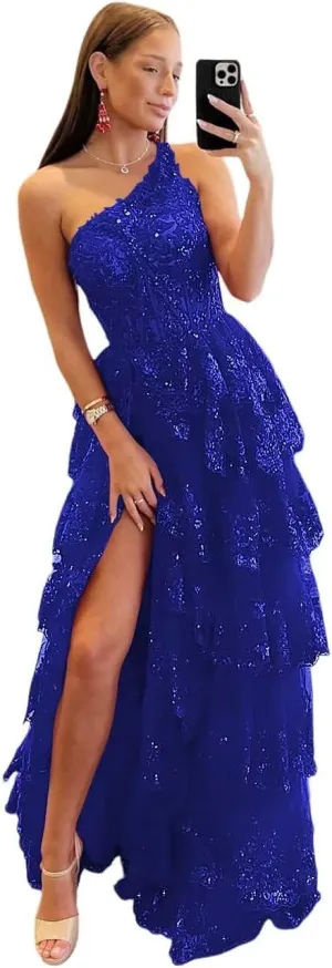 One Shoulder Sparkly Lace Tiered Tulle Prom Dresses Corset Long A Line Formal Evening Gown with Slit QA120