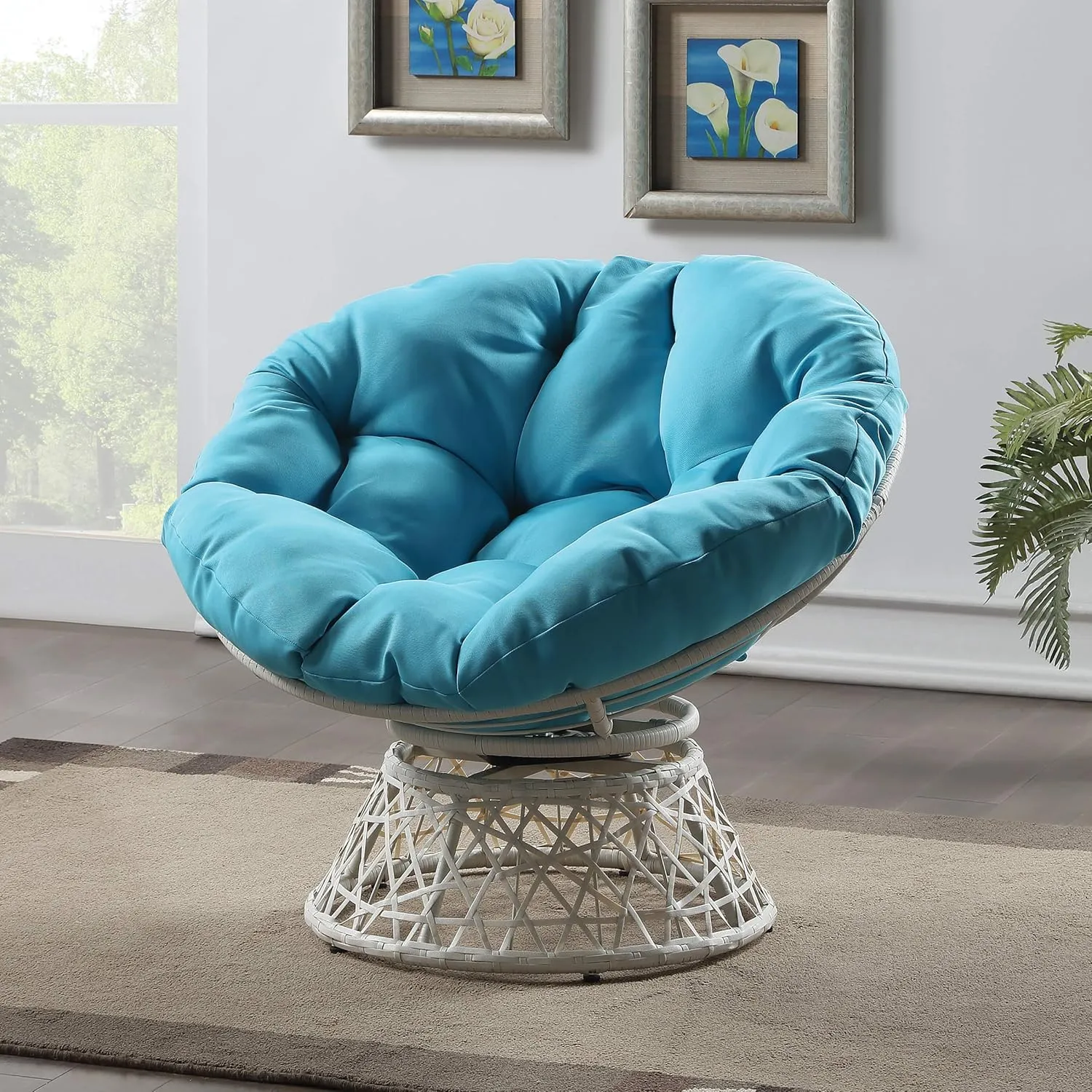 OSP Home Furnishings Wicker Papasan Chair with 360-Degree Swivel, Cream Frame with Blue Cushion