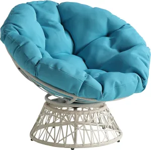 OSP Home Furnishings Wicker Papasan Chair with 360-Degree Swivel, Cream Frame with Blue Cushion