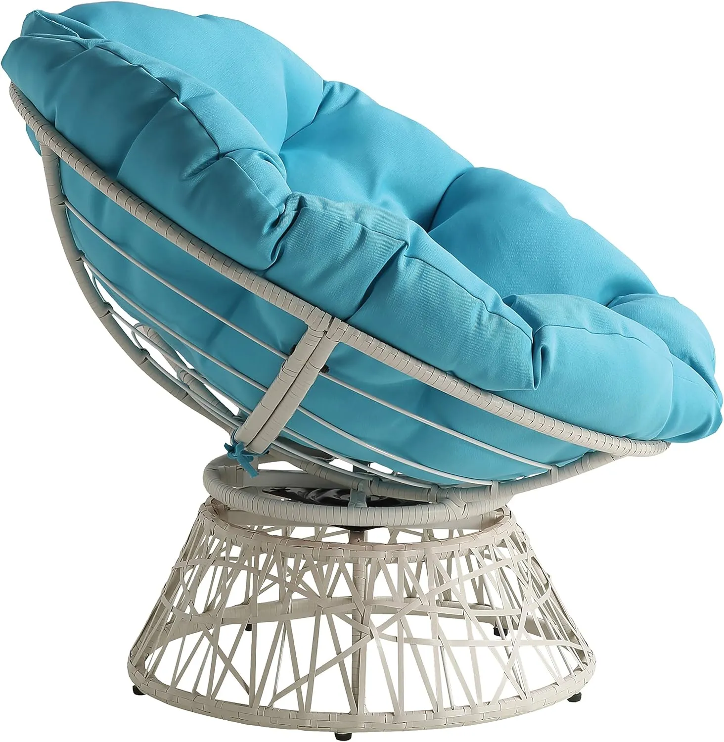OSP Home Furnishings Wicker Papasan Chair with 360-Degree Swivel, Cream Frame with Blue Cushion