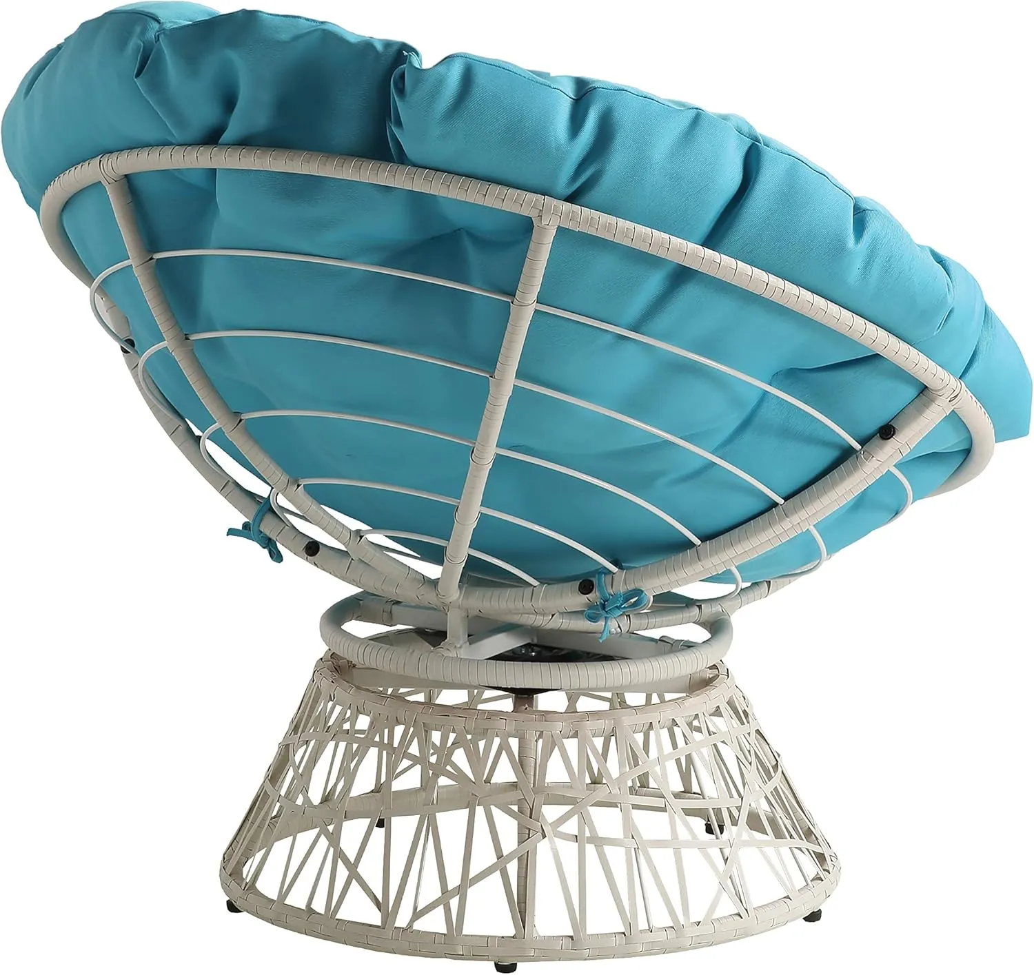OSP Home Furnishings Wicker Papasan Chair with 360-Degree Swivel, Cream Frame with Blue Cushion