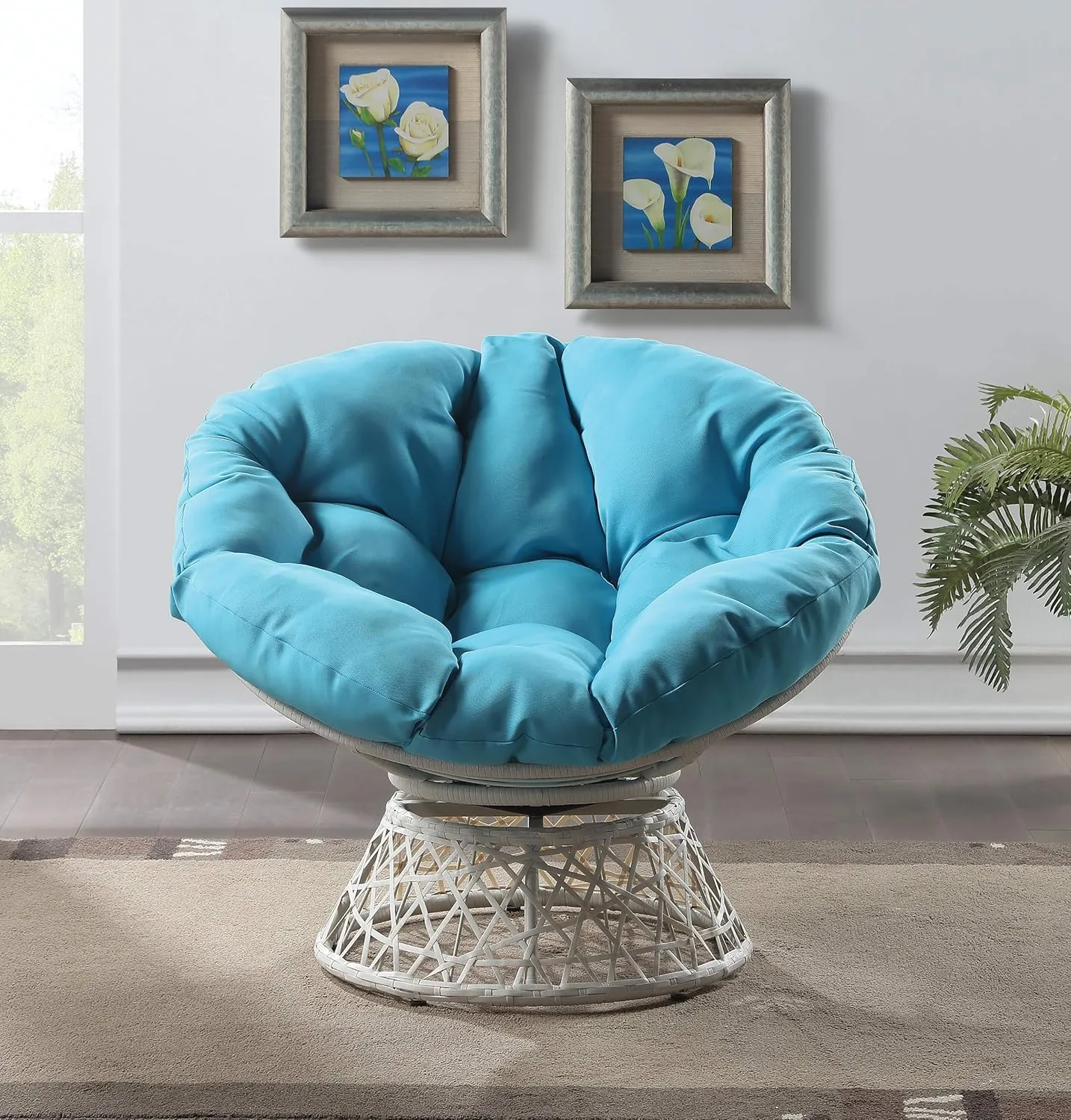 OSP Home Furnishings Wicker Papasan Chair with 360-Degree Swivel, Cream Frame with Blue Cushion