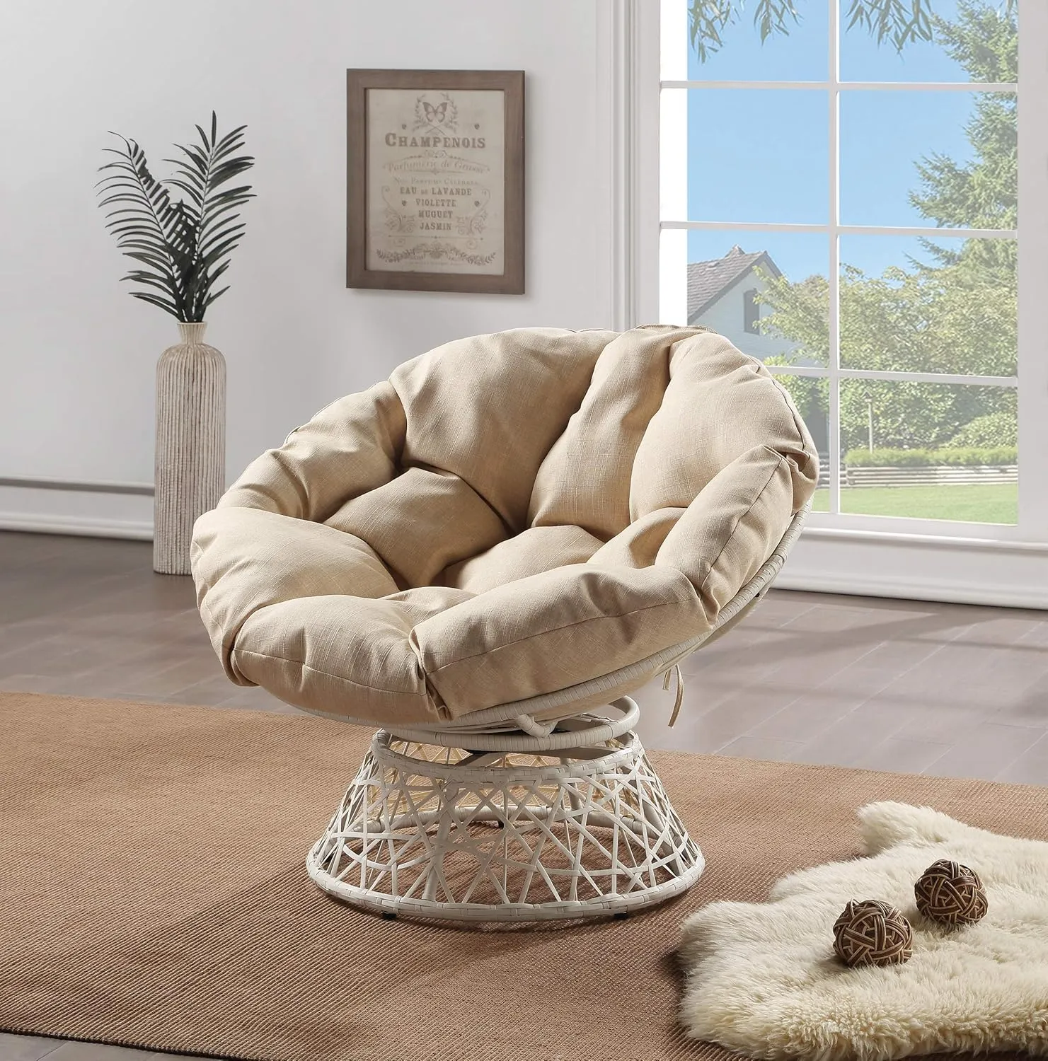 OSP Home Furnishings Wicker Papasan Chair with 360-Degree Swivel, Cream Frame with Cream Cushion