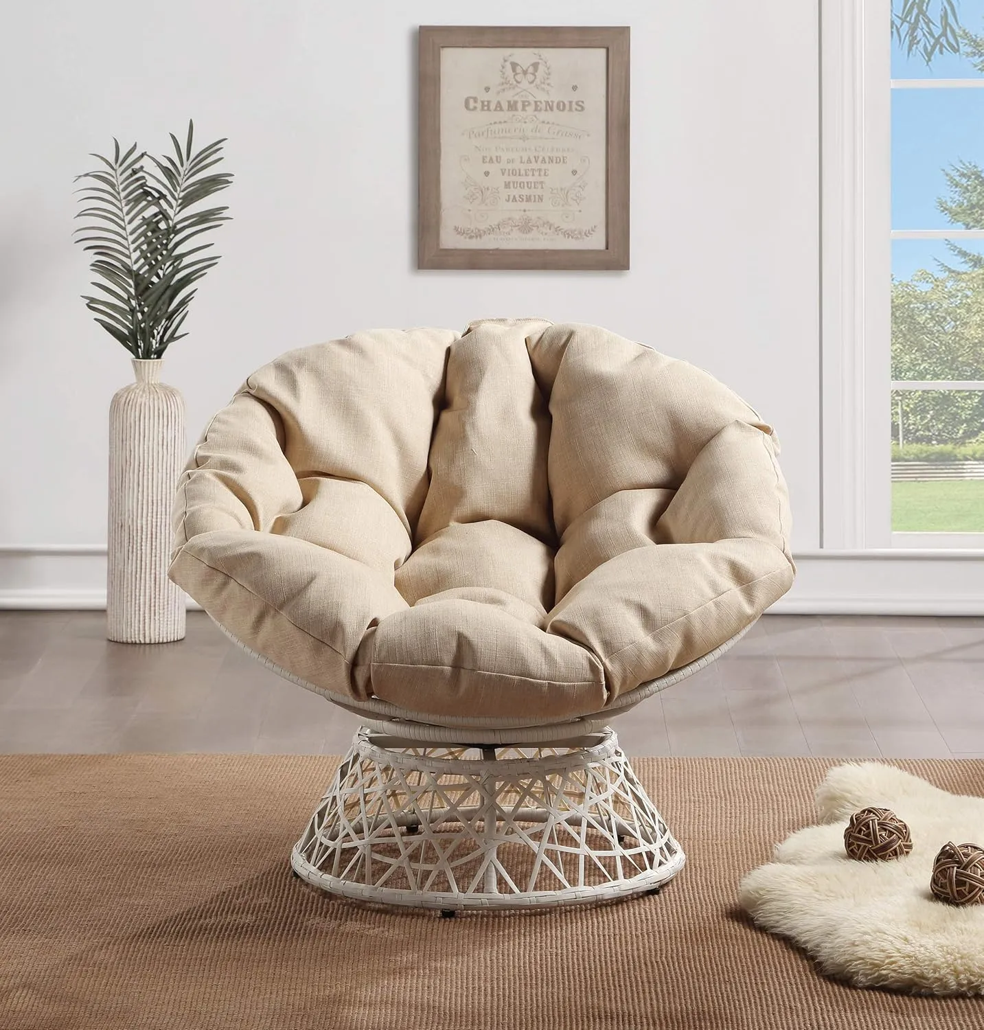 OSP Home Furnishings Wicker Papasan Chair with 360-Degree Swivel, Cream Frame with Cream Cushion