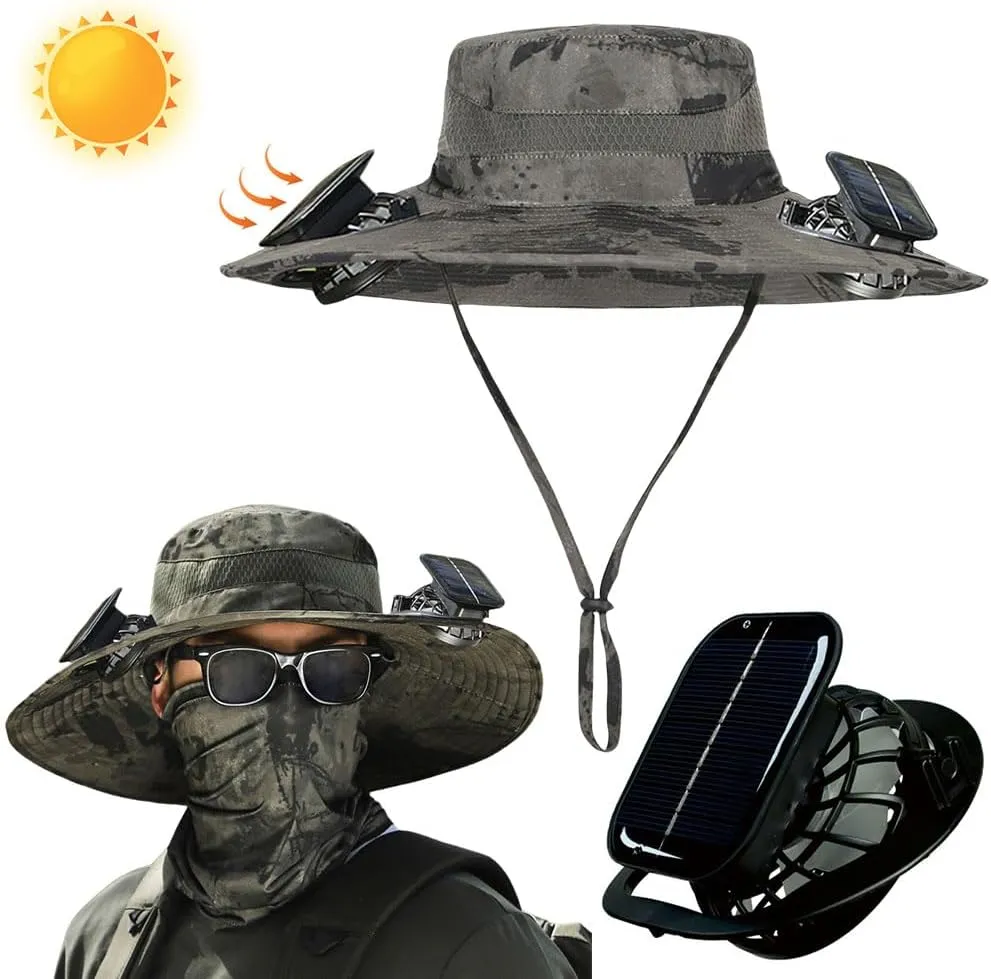 Outdoor Wide Brim Sun Hat with 2 Solar Fan Sun Bucket Hat for Men Women UPF 50  Bucket Fishing & Beach Hat with Fan Built in