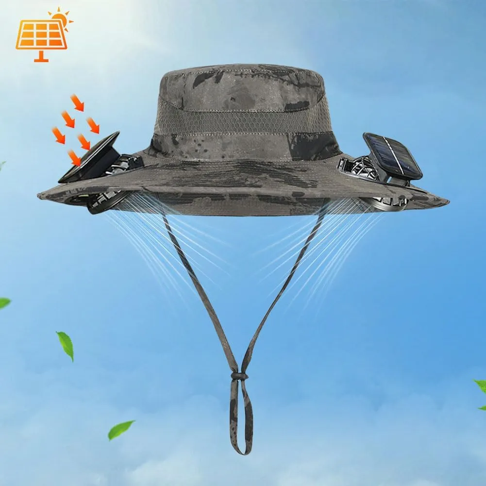 Outdoor Wide Brim Sun Hat with 2 Solar Fan Sun Bucket Hat for Men Women UPF 50  Bucket Fishing & Beach Hat with Fan Built in
