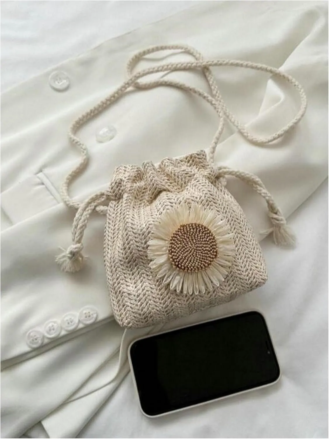 OYOANGLE Women's Straw Crossbody Bag Flower Decor Drawstring Bucket Handbag Vacation Mini Purse