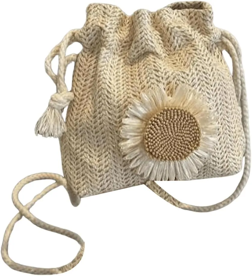 OYOANGLE Women's Straw Crossbody Bag Flower Decor Drawstring Bucket Handbag Vacation Mini Purse