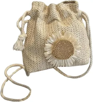 OYOANGLE Women's Straw Crossbody Bag Flower Decor Drawstring Bucket Handbag Vacation Mini Purse