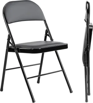 Pack of 2 (Fabric/Vinyl) Steel Frame Metal Foam Padded Folding Chairs, Black
