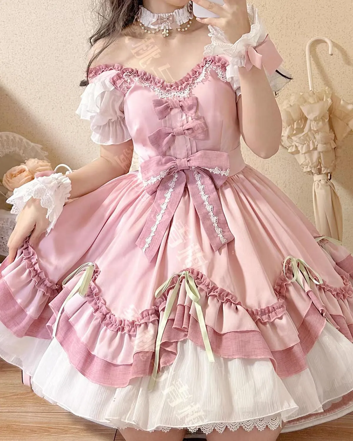 Packitcute Summer Ruffles Hem Cute Lolita Kawaii Dress for Teens Sweet Lace Bow High Waist A Line Cocktail Party Dresses