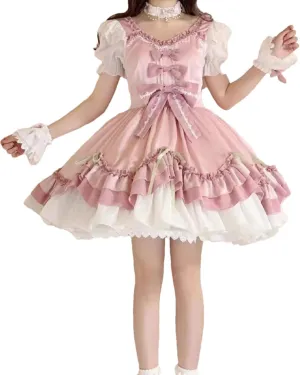 Packitcute Summer Ruffles Hem Cute Lolita Kawaii Dress for Teens Sweet Lace Bow High Waist A Line Cocktail Party Dresses