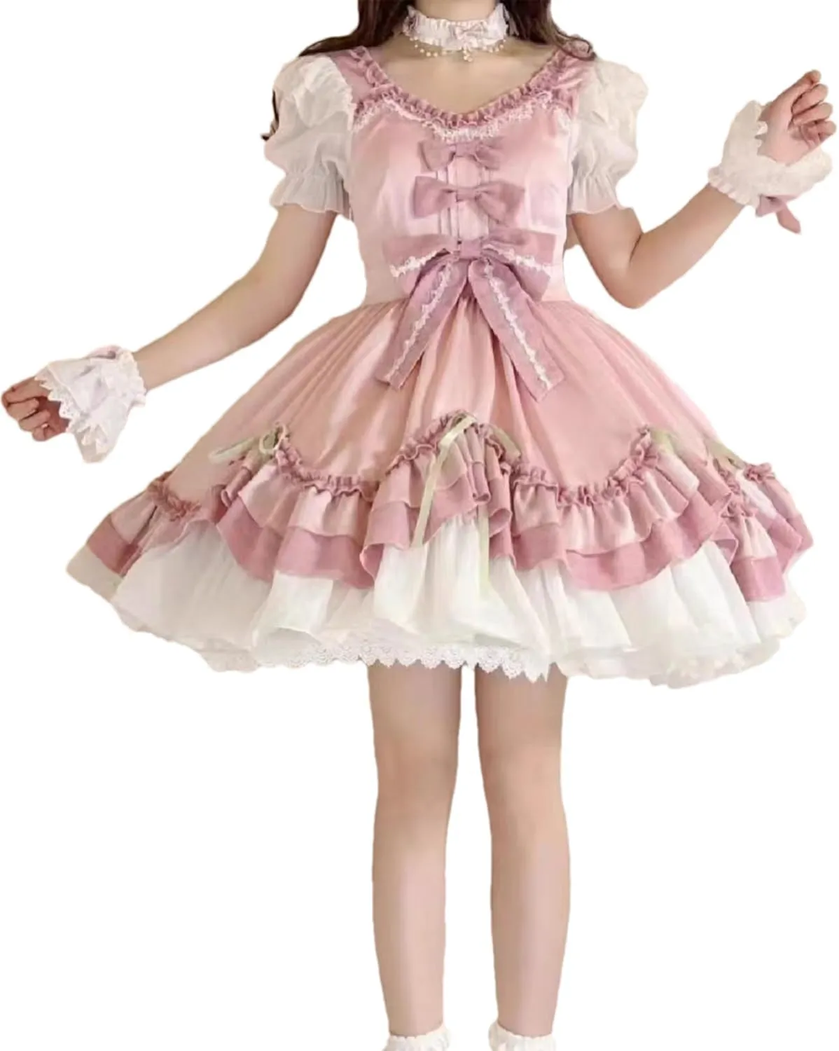 Packitcute Summer Ruffles Hem Cute Lolita Kawaii Dress for Teens Sweet Lace Bow High Waist A Line Cocktail Party Dresses