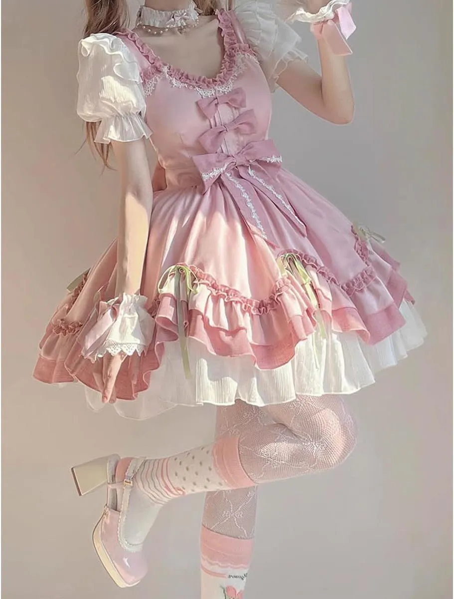 Packitcute Summer Ruffles Hem Cute Lolita Kawaii Dress for Teens Sweet Lace Bow High Waist A Line Cocktail Party Dresses