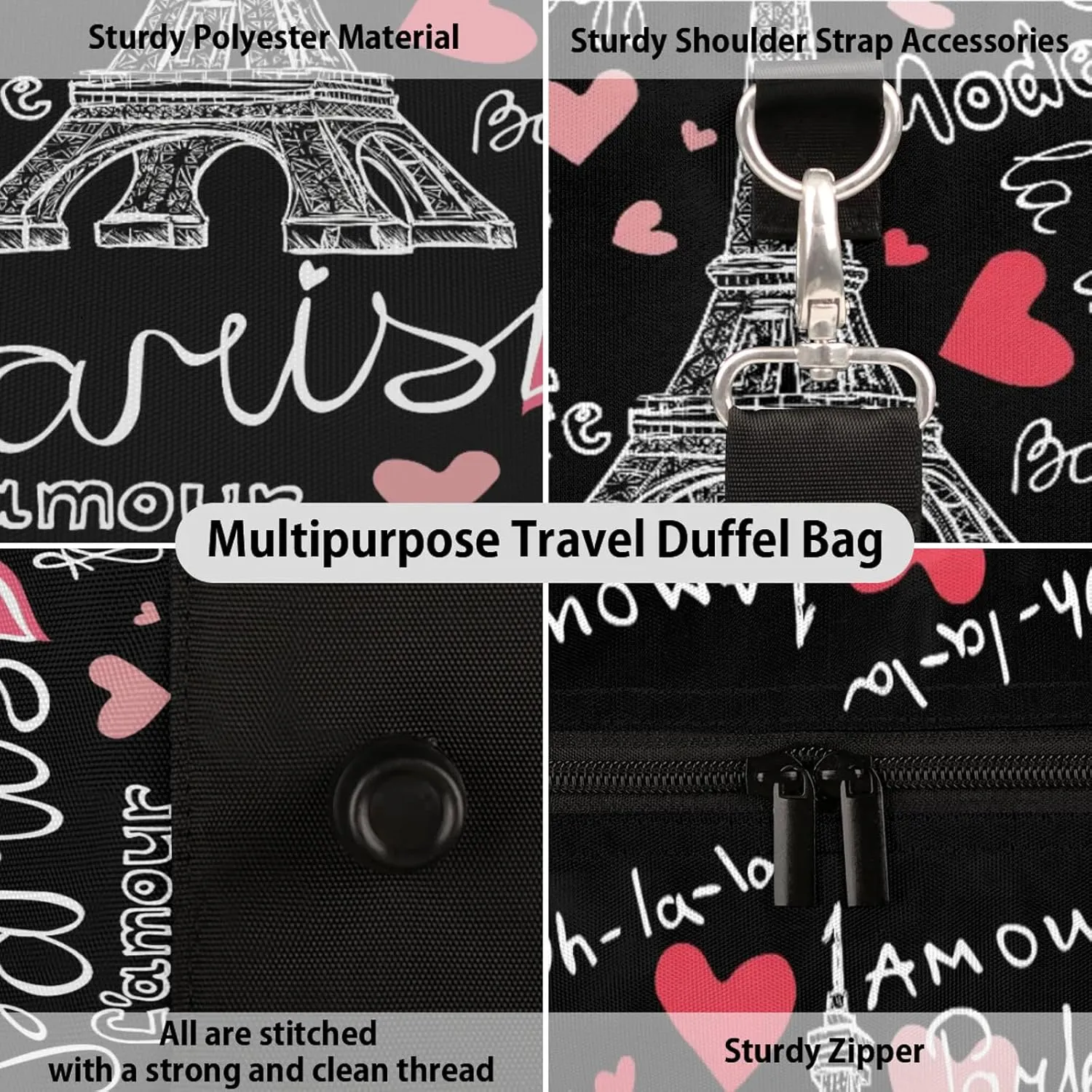 Paris Eiffel Tower Travel Duffle Bag for Women Men, Carry On Overnight Bag, Weekend Travel Duffel Tote Bags for Trips Sport Hospital