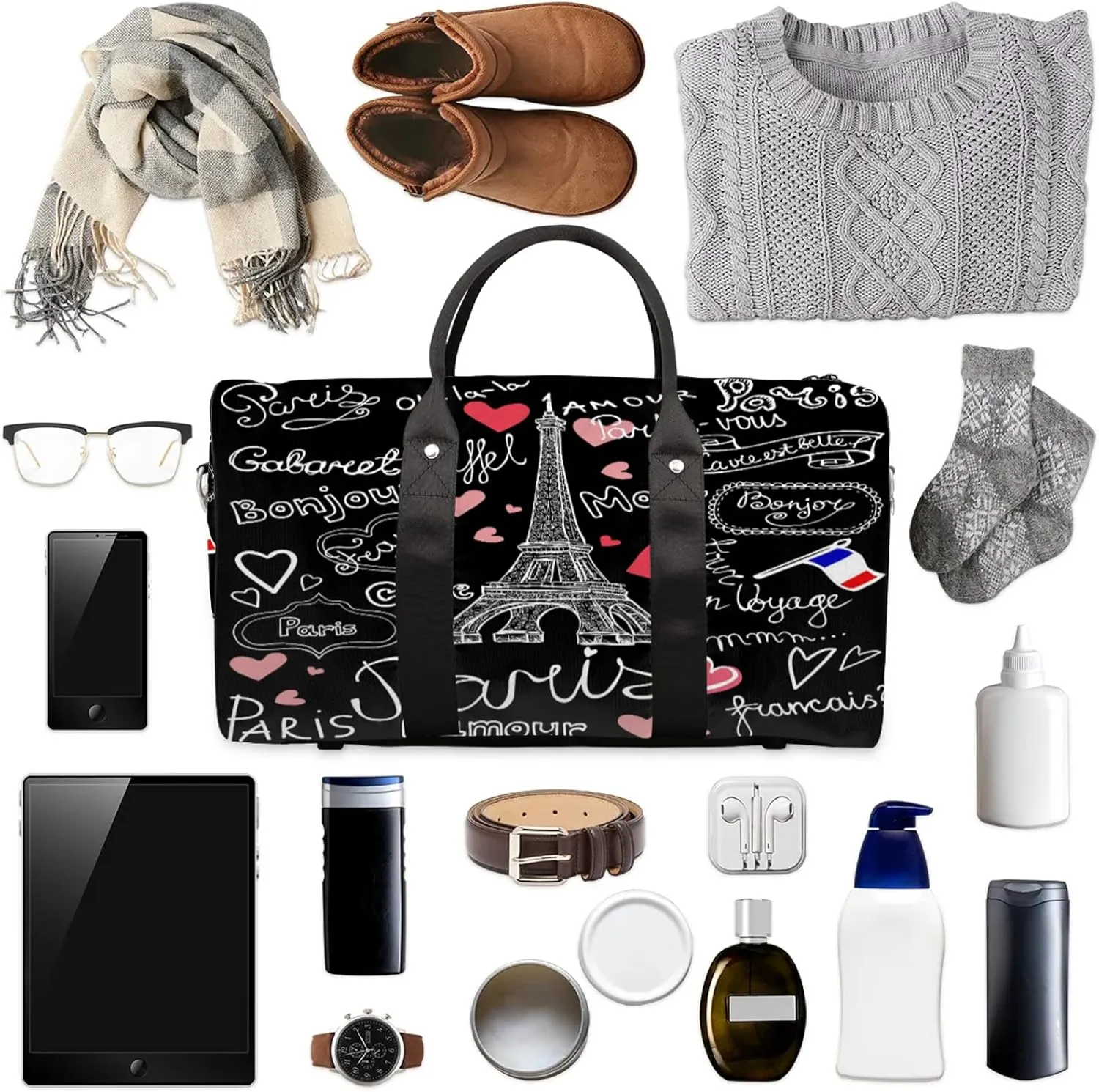 Paris Eiffel Tower Travel Duffle Bag for Women Men, Carry On Overnight Bag, Weekend Travel Duffel Tote Bags for Trips Sport Hospital