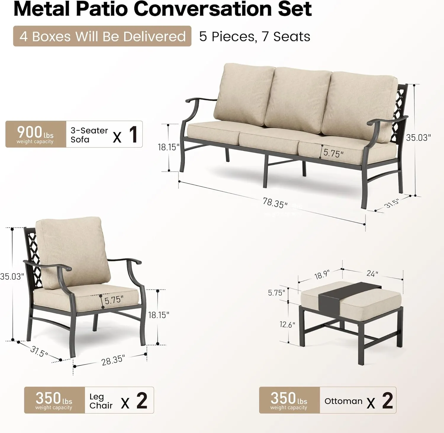Patio Furniture Set, Modern Metal Outdoor Patio Furniture, 3 Seater Sofa, 2 Fixed Chairs, 2 Ottomans and 5.75" Extra Thick Cushion, Patio Conversation Set for Garden Backyard Deck
