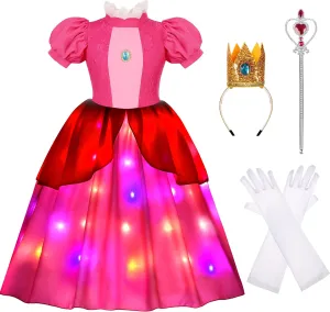 Peach Costume for Girls LED Light Up Princess Peach Dress for Girls Cosplay Holiday Party Outfit