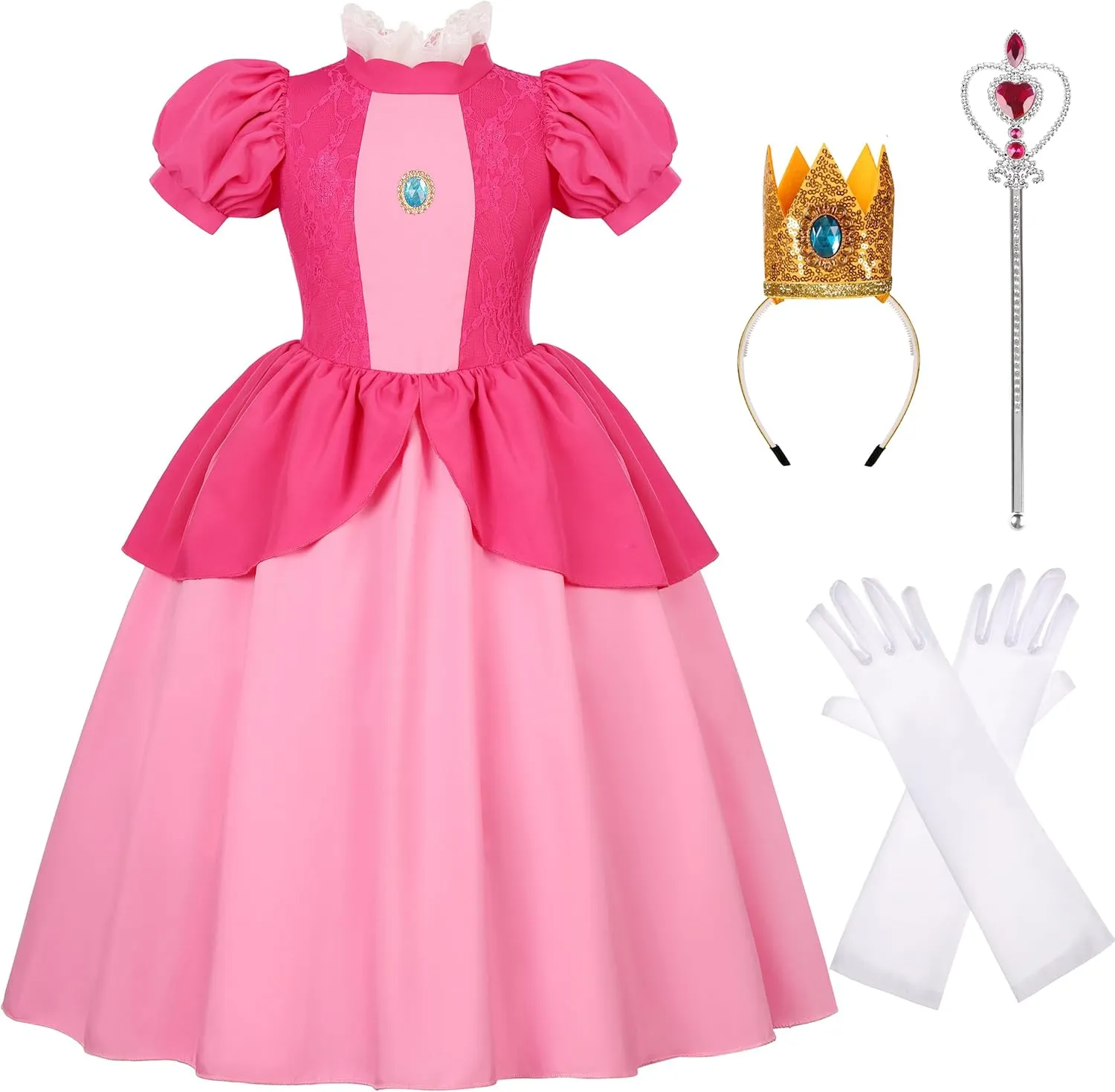 Peach Costume for Girls LED Light Up Princess Peach Dress for Girls Cosplay Holiday Party Outfit