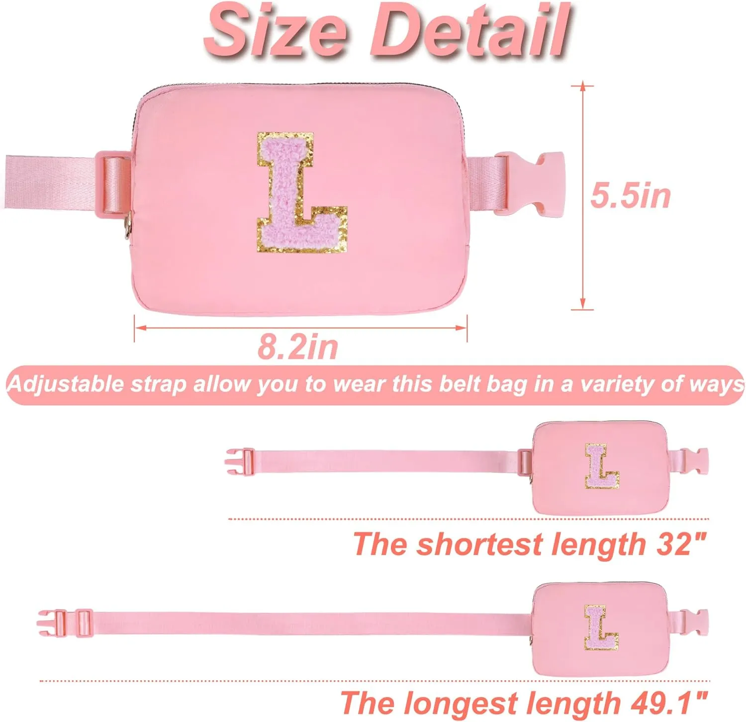 Personalized Belt Bag for Women Girls - Fashion Mini Waist Packs with Adjustable Strap - Trendy Travel Fanny Pack Crossbody Bags with Initial Letter - Teen Gifts | Peach,L