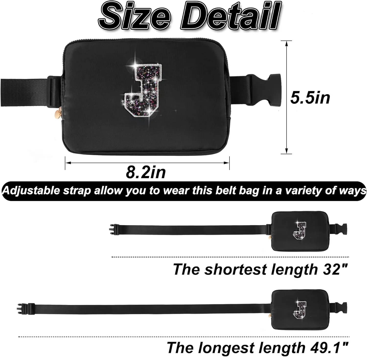 Personalized Crossbody Bag for Women Girls - Fashion Small Waist Packs with Adjustable Strap - Trendy Travel Fanny Pack Belt Bags with Initial Letter - Teen Gifts | J,Black Bag