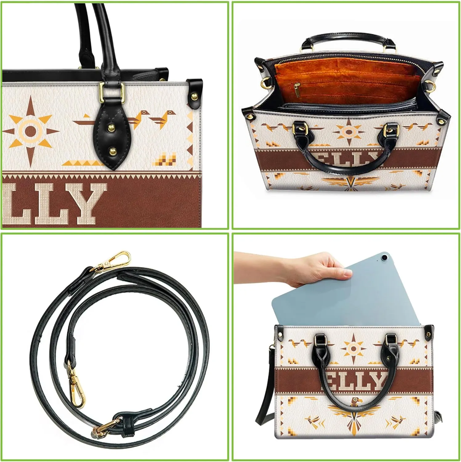 Personalized Leather Handbag for Women – Custom Boho Aztec Purse, Detachable Strap, Mother’s Day Gift