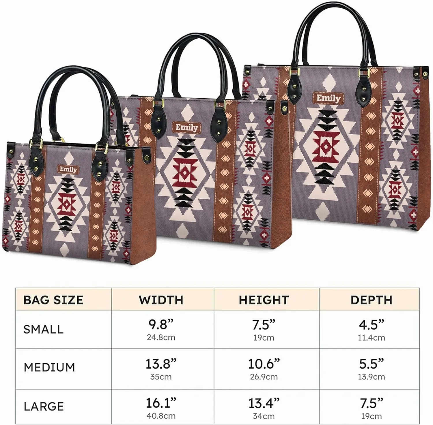 Personalized Leather Handbag for Women – Custom Boho Aztec Purse, Detachable Strap, Mother’s Day Gift