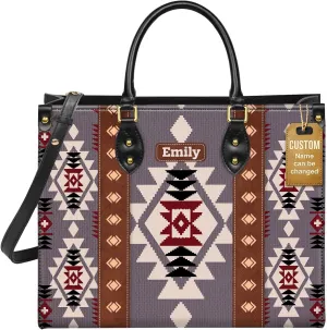 Personalized Leather Handbag for Women – Custom Boho Aztec Purse, Detachable Strap, Mother’s Day Gift