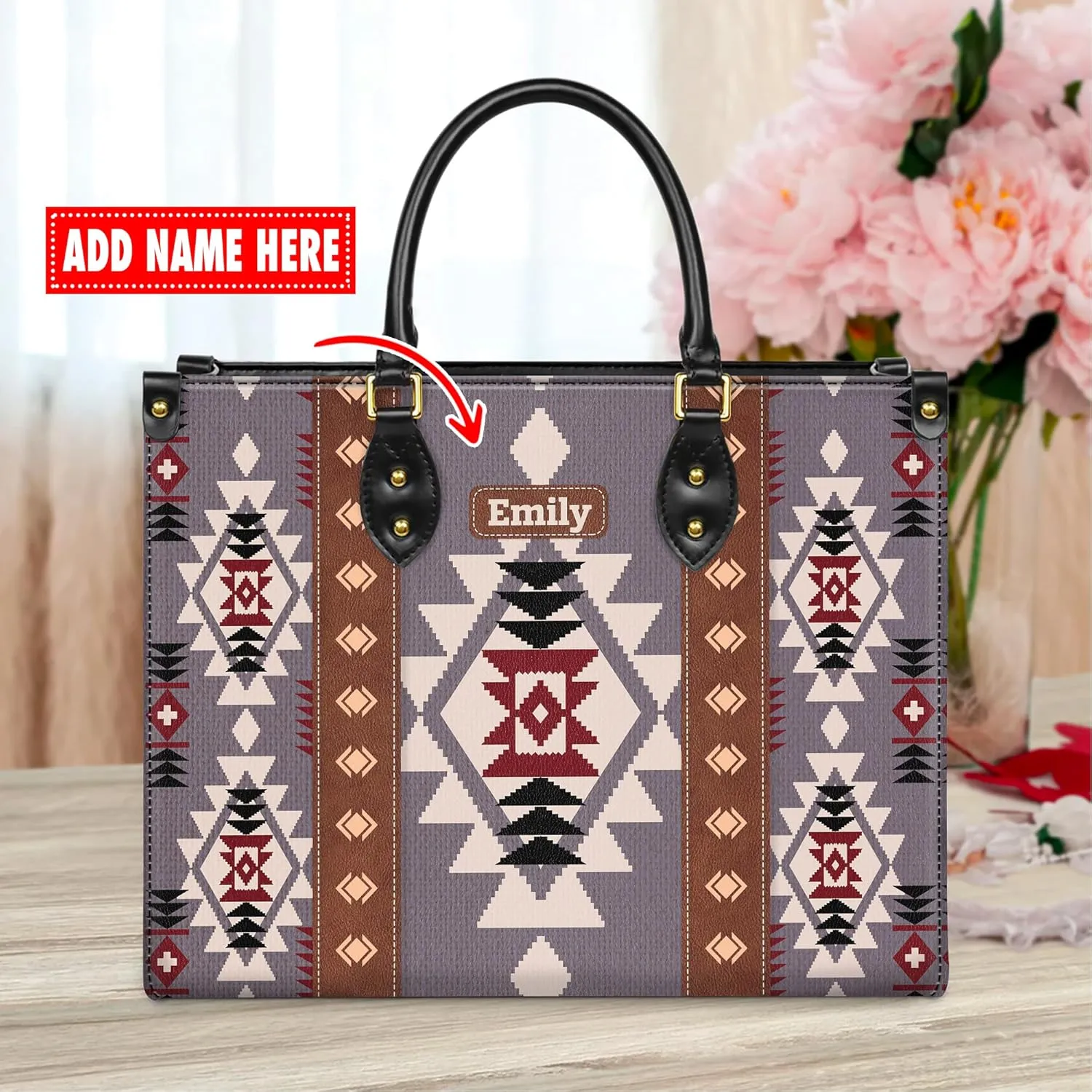 Personalized Leather Handbag for Women – Custom Boho Aztec Purse, Detachable Strap, Mother’s Day Gift