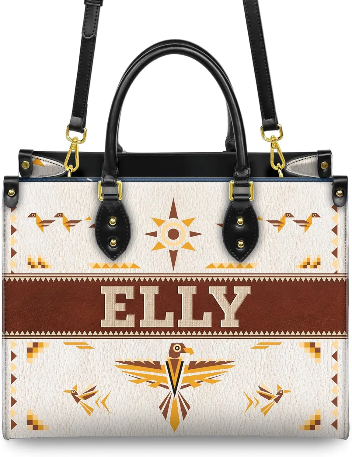 Personalized Leather Handbag for Women – Custom Boho Aztec Purse, Detachable Strap, Mother’s Day Gift