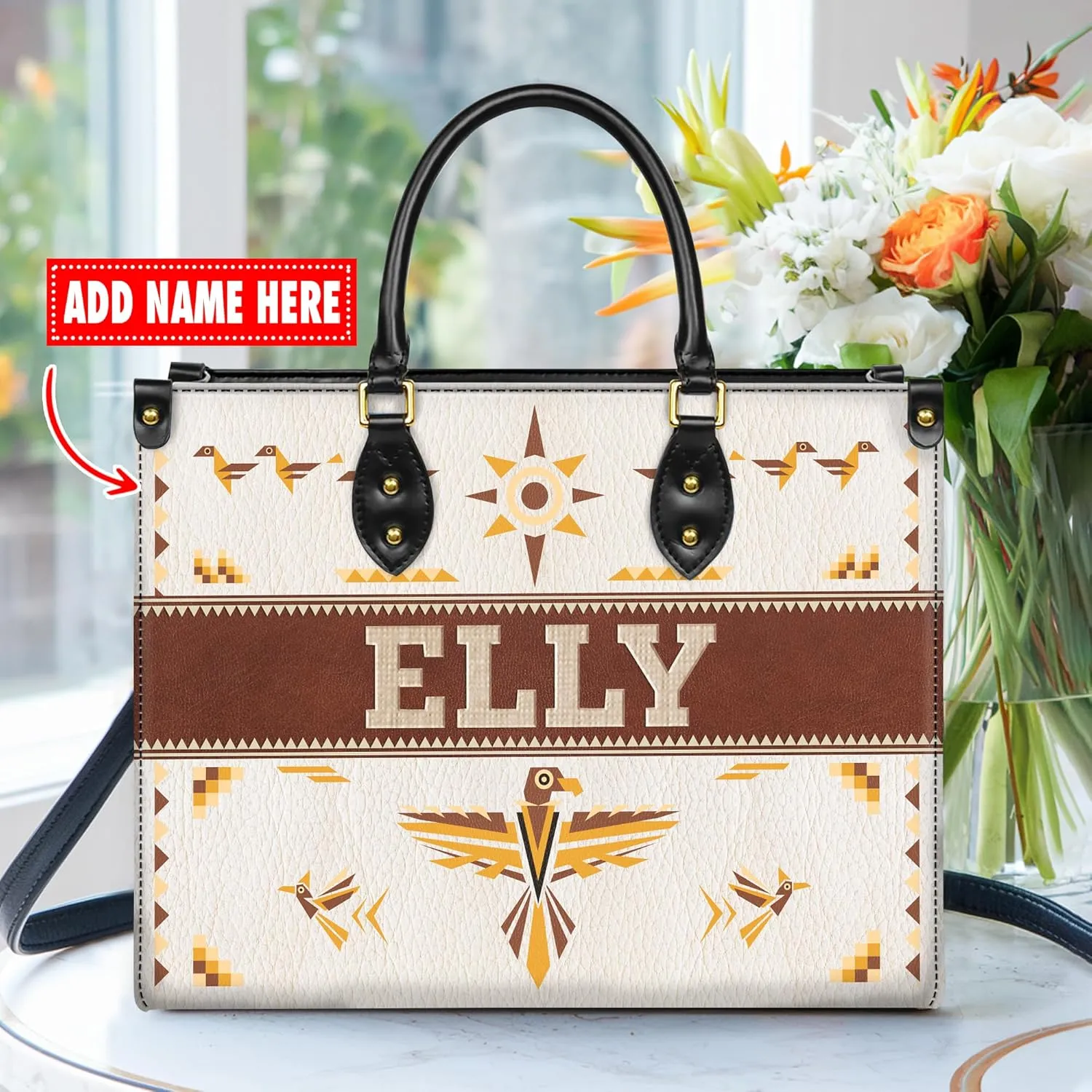 Personalized Leather Handbag for Women – Custom Boho Aztec Purse, Detachable Strap, Mother’s Day Gift
