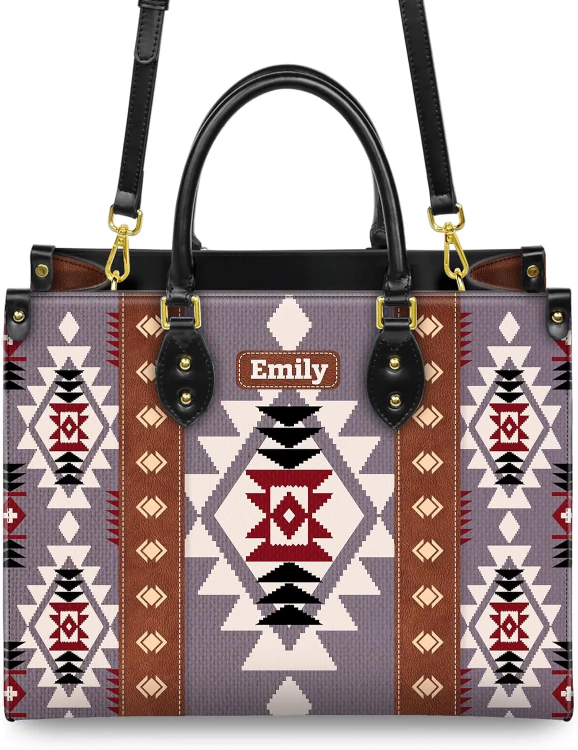 Personalized Leather Handbag for Women – Custom Boho Aztec Purse, Detachable Strap, Mother’s Day Gift