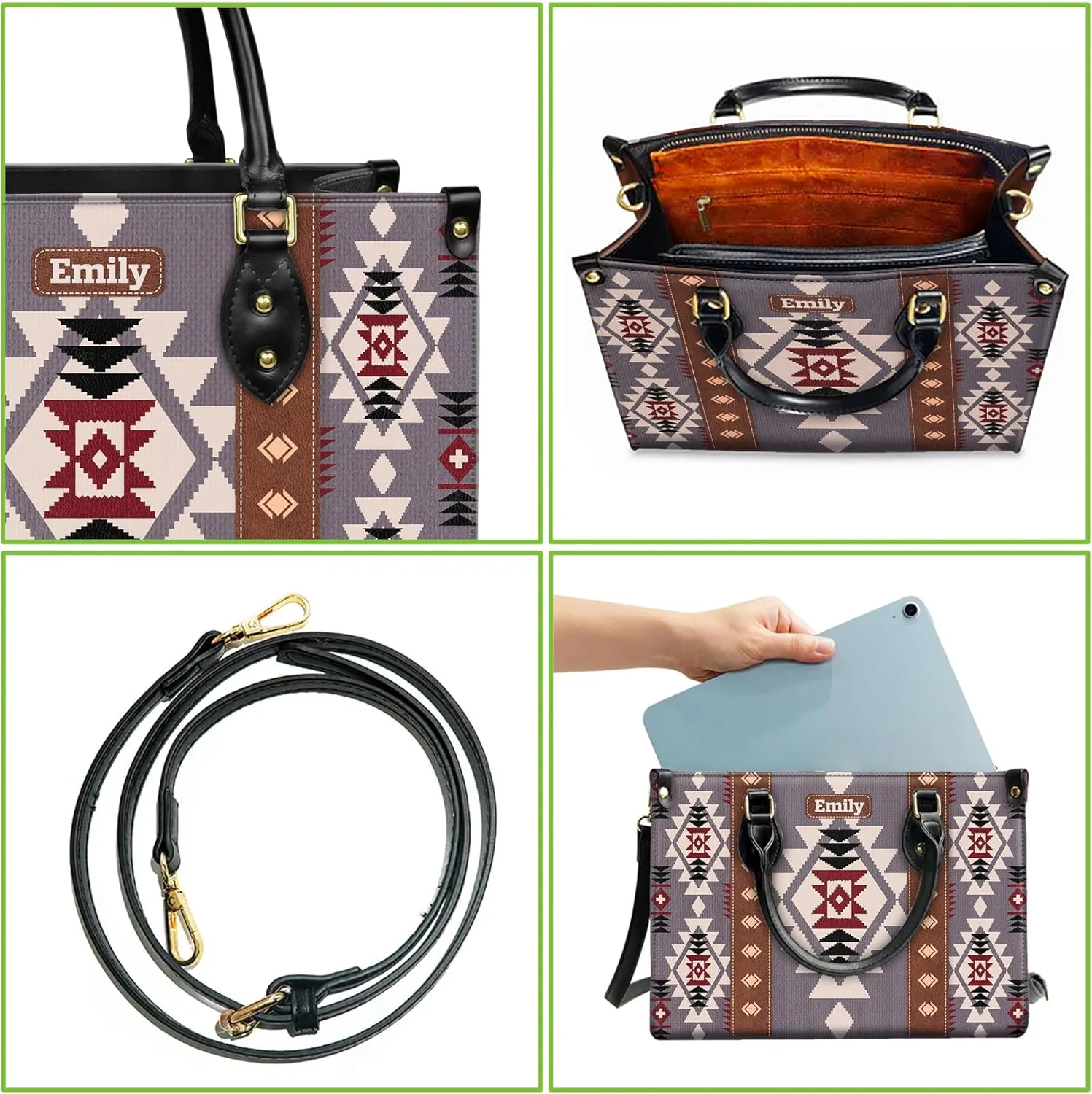 Personalized Leather Handbag for Women – Custom Boho Aztec Purse, Detachable Strap, Mother’s Day Gift