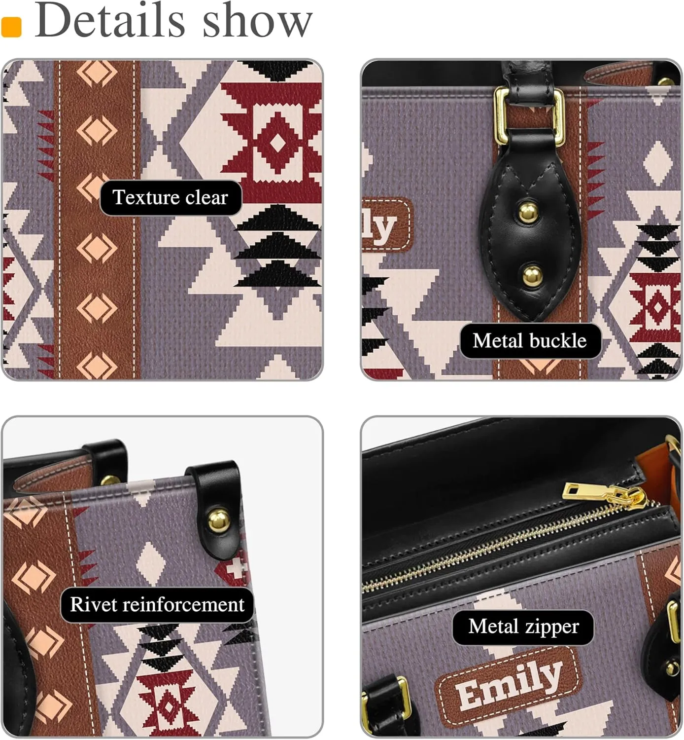 Personalized Leather Handbag for Women – Custom Boho Aztec Purse, Detachable Strap, Mother’s Day Gift