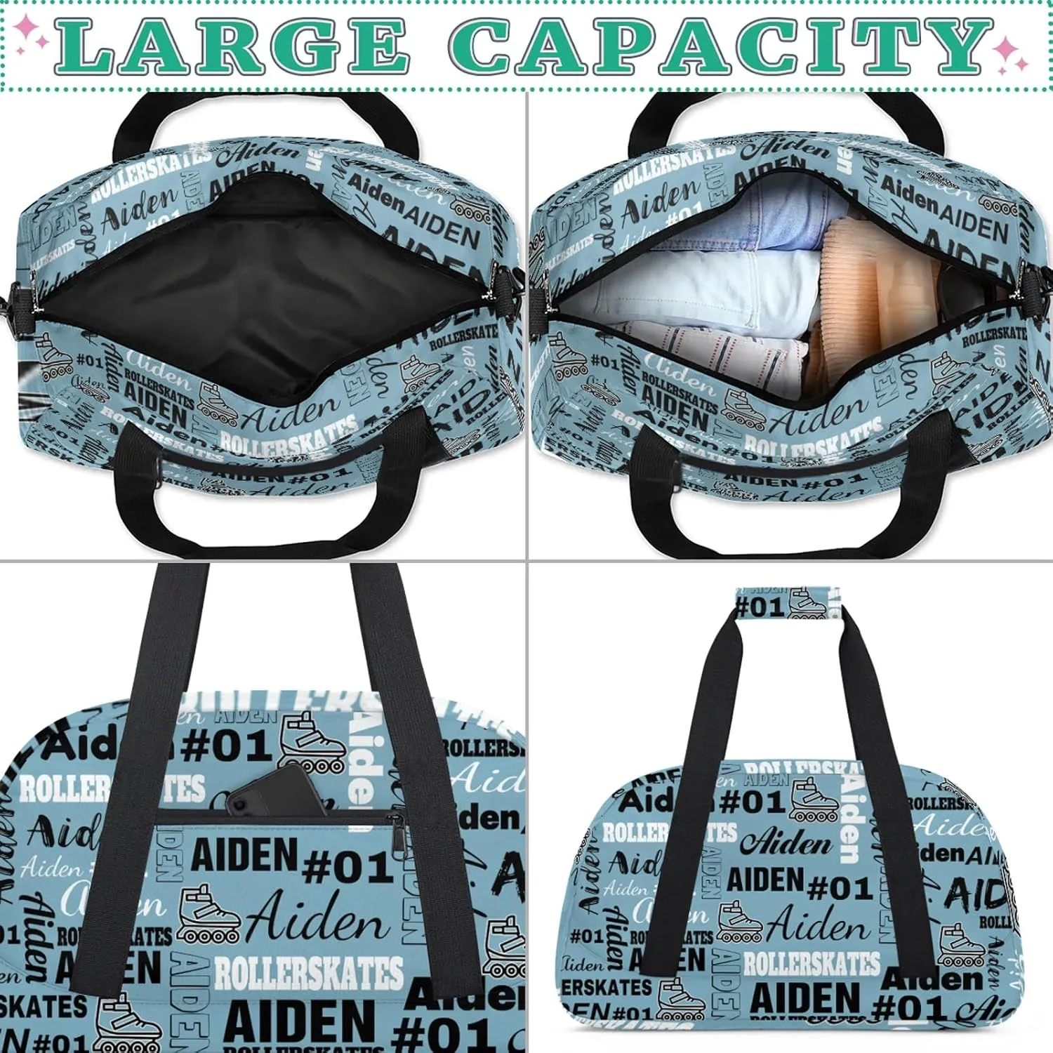 Personalized Name Roller Skates Duffle Bags Custom Number Sports Gym Bag Weekender Overnight Training Bag, Dark Blue